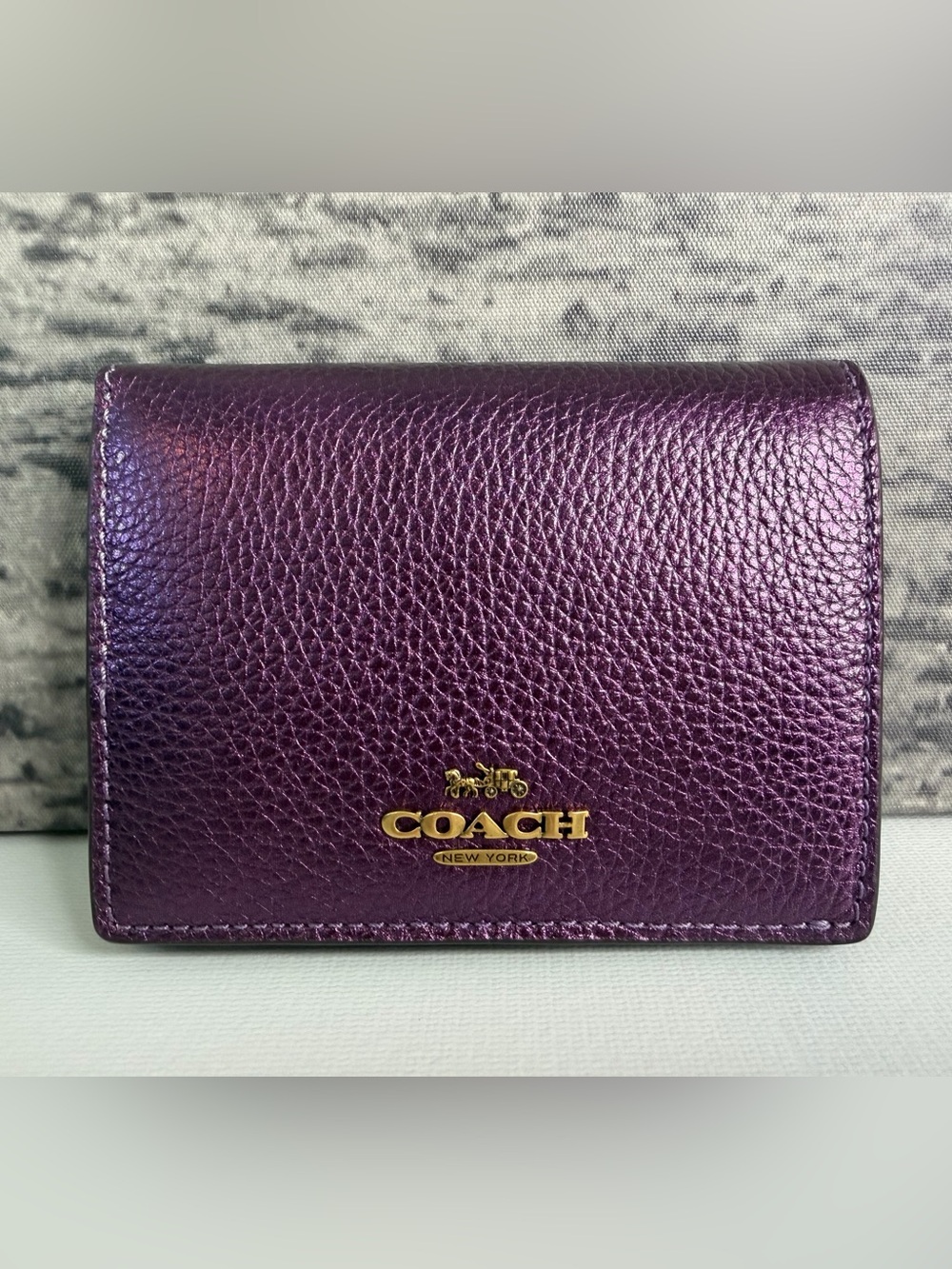 NWT Coach Small Snap Wallet Colorblock Tan Sig Canvas & Metallic Purple 7942